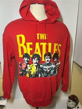 The Beatles Red Pullover Hoodie with Yellow Logo and Multicolor Band Art